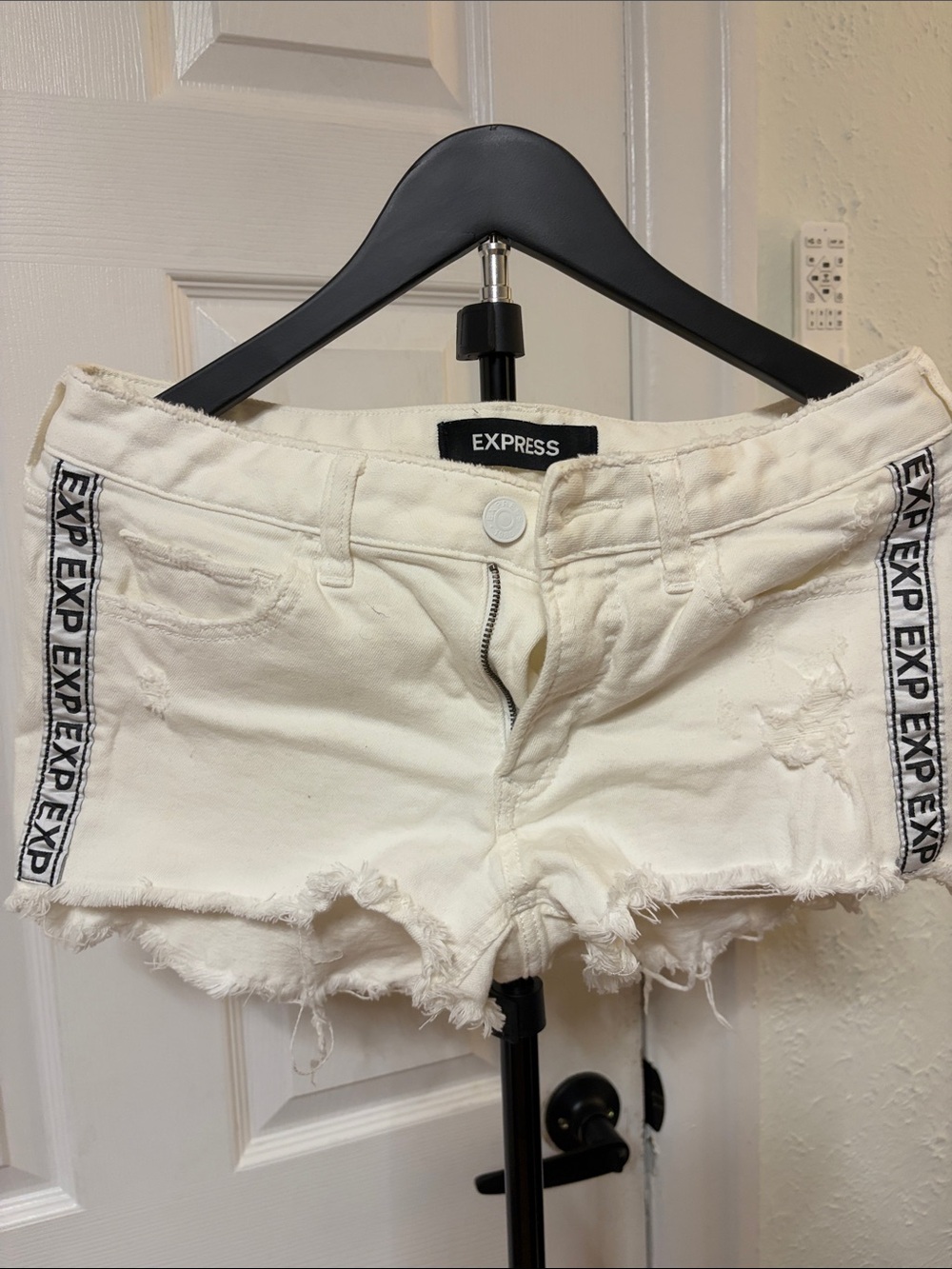 Express Cream Distressed Denim Shorts with Logo Side Tape